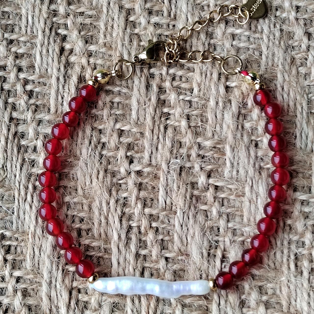 Red Agate & Baroque Pearl Bracelet, Natural Gemstone Handmade Jewelry