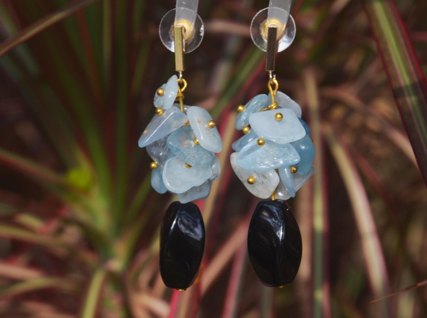 Aquamarine & Black Onyx Dangle Earrings: Gold-Plated Boho Jewelry