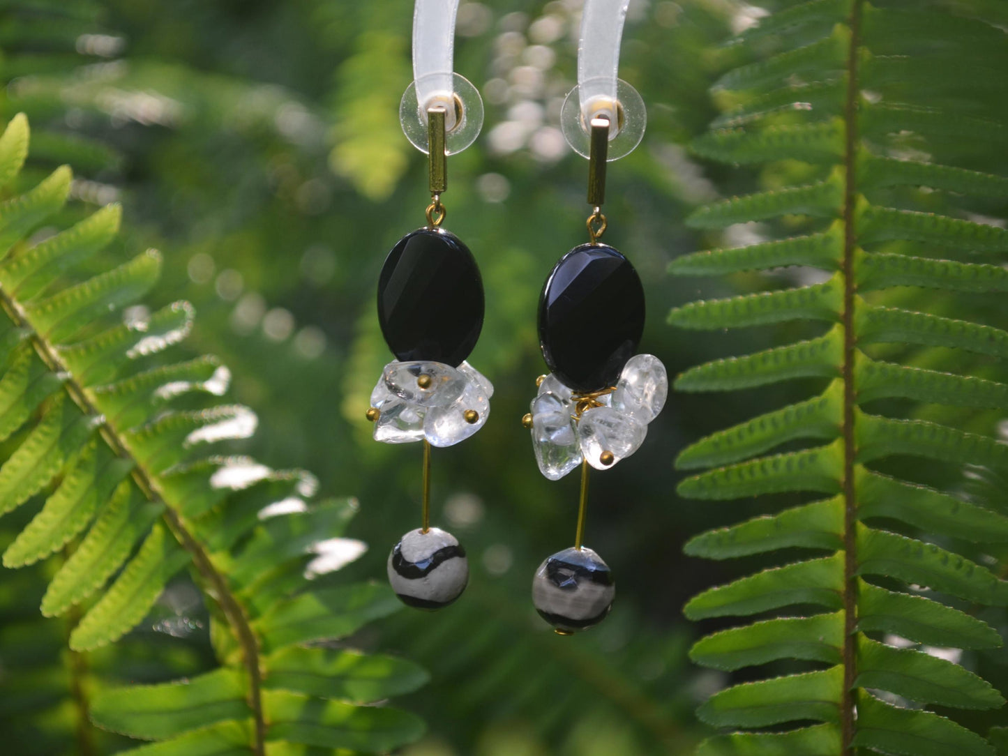 Black Agate & Clear Quartz Drop Earrings: Crystal Healing Gemstone Jewelry Boho Earrings