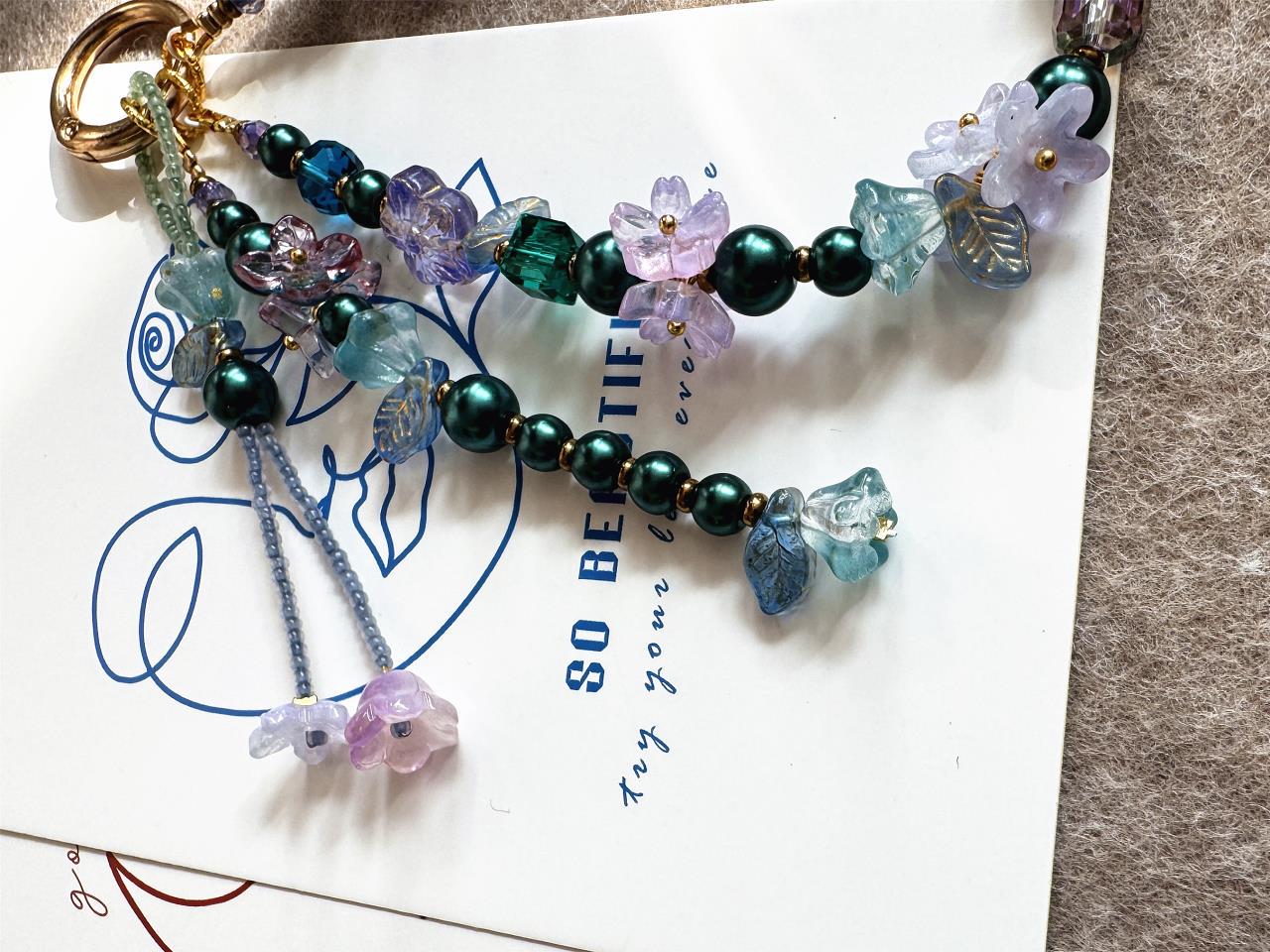 Boho Bead Phone-Chain, Camellia Flower Phone Strap, Handmade Glass Beaded Phone Charm for Women