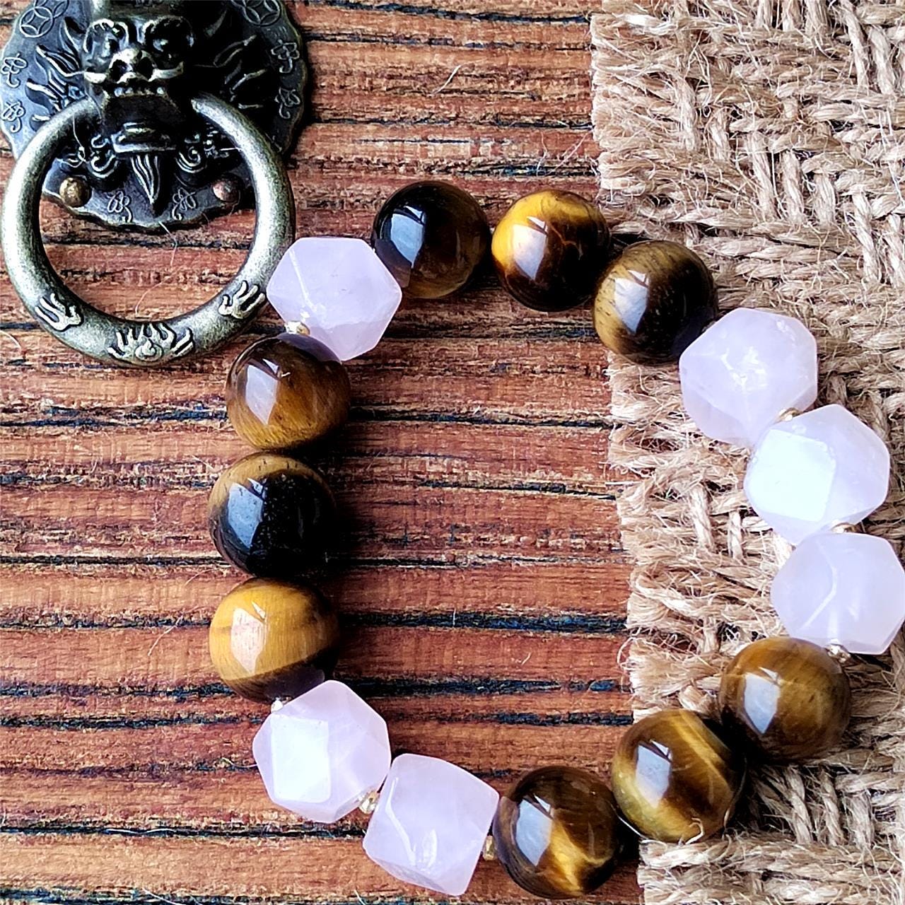 Tiger Eye & Rose Quartz Crystal Bracelet: Handmade Gemstone Jewelry
