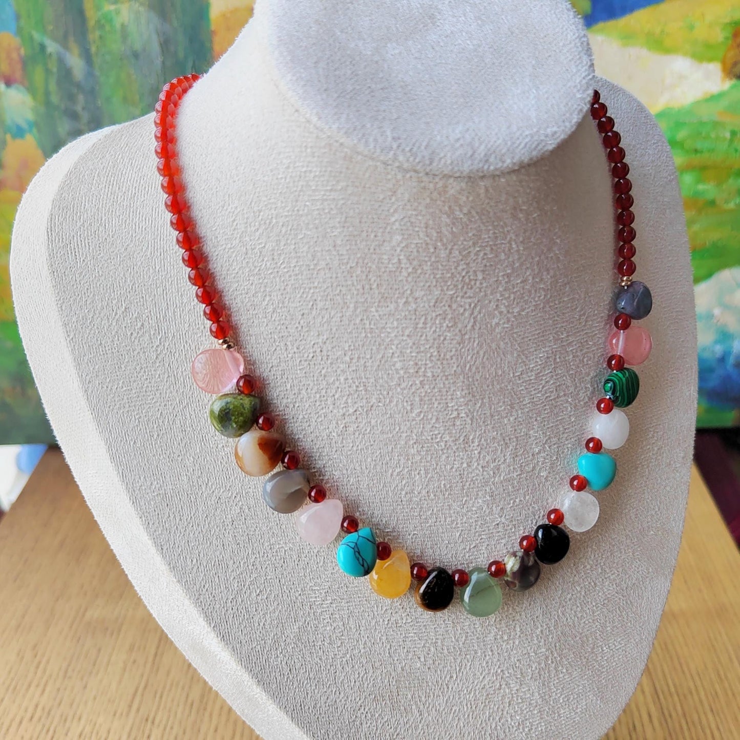 Red Agate Multi Crystal Necklace, Healing Crystal Beaded Necklace, Bead Bohemia Necklace Boho Style, Stability Protection Jewelry Gifts