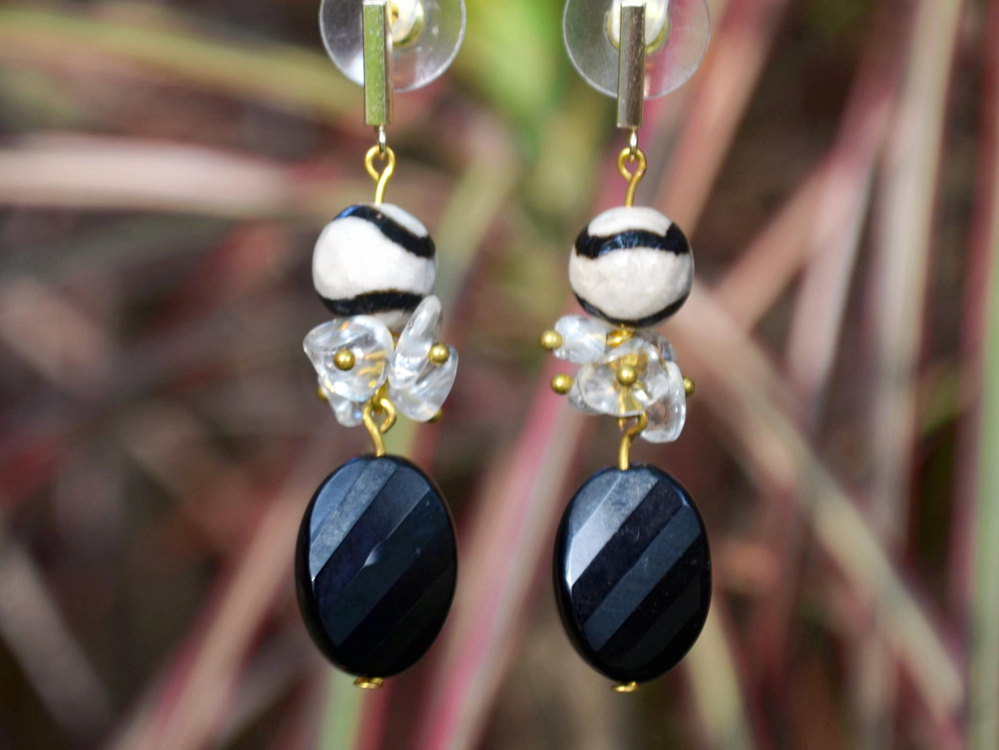 Natural Quartz Crystal Dangle Earrings with Black Onyx & Agate Boho Jewelry