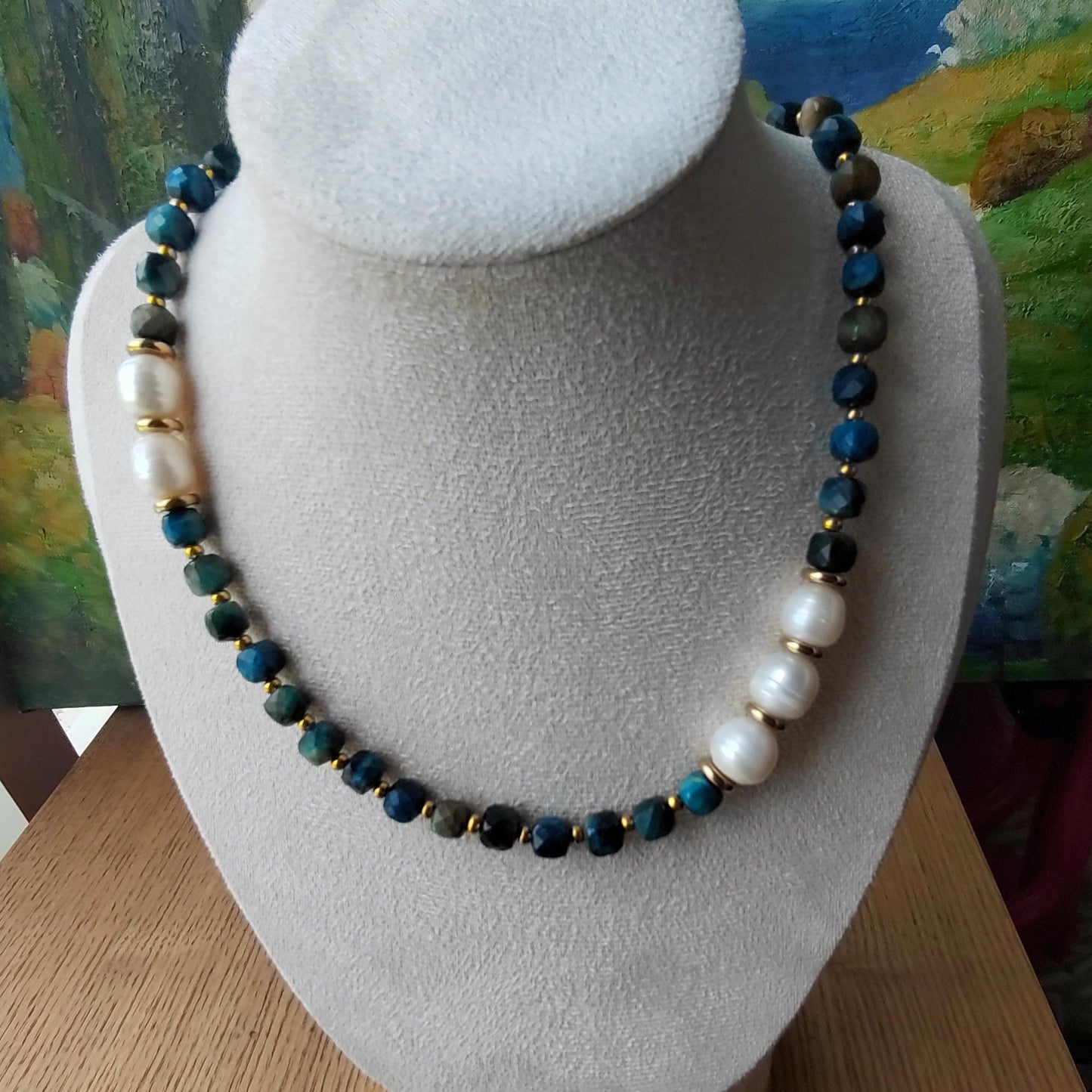 Beaded Necklace Natural Crystal Blue Tiger's Eyes & Pearl Boho Chic Handmade Gemstone Jewelry Elegant DIY Craft gift for her