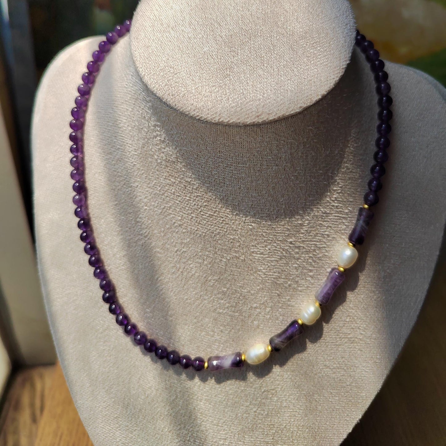 Amethyst Beads & Freshwater Pearl Necklace: Handmade Boho Healing Crystal