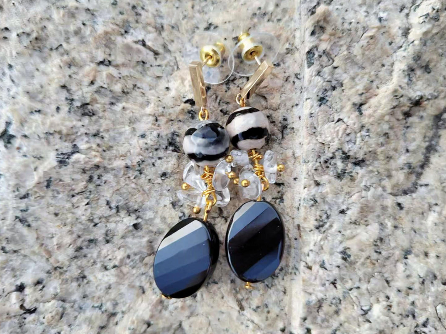 Natural Quartz Crystal Dangle Earrings with Black Onyx & Agate Boho Jewelry