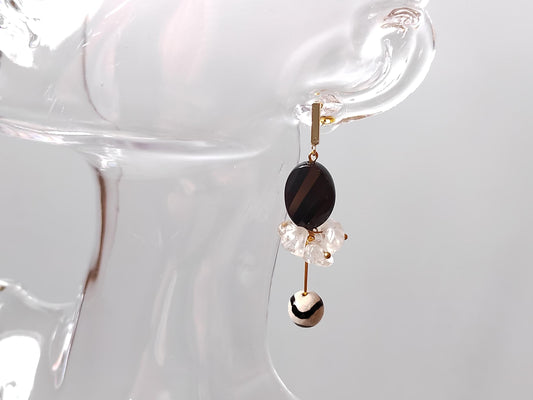 Black Agate & Clear Quartz Drop Earrings: Crystal Healing Gemstone Jewelry Boho Earrings
