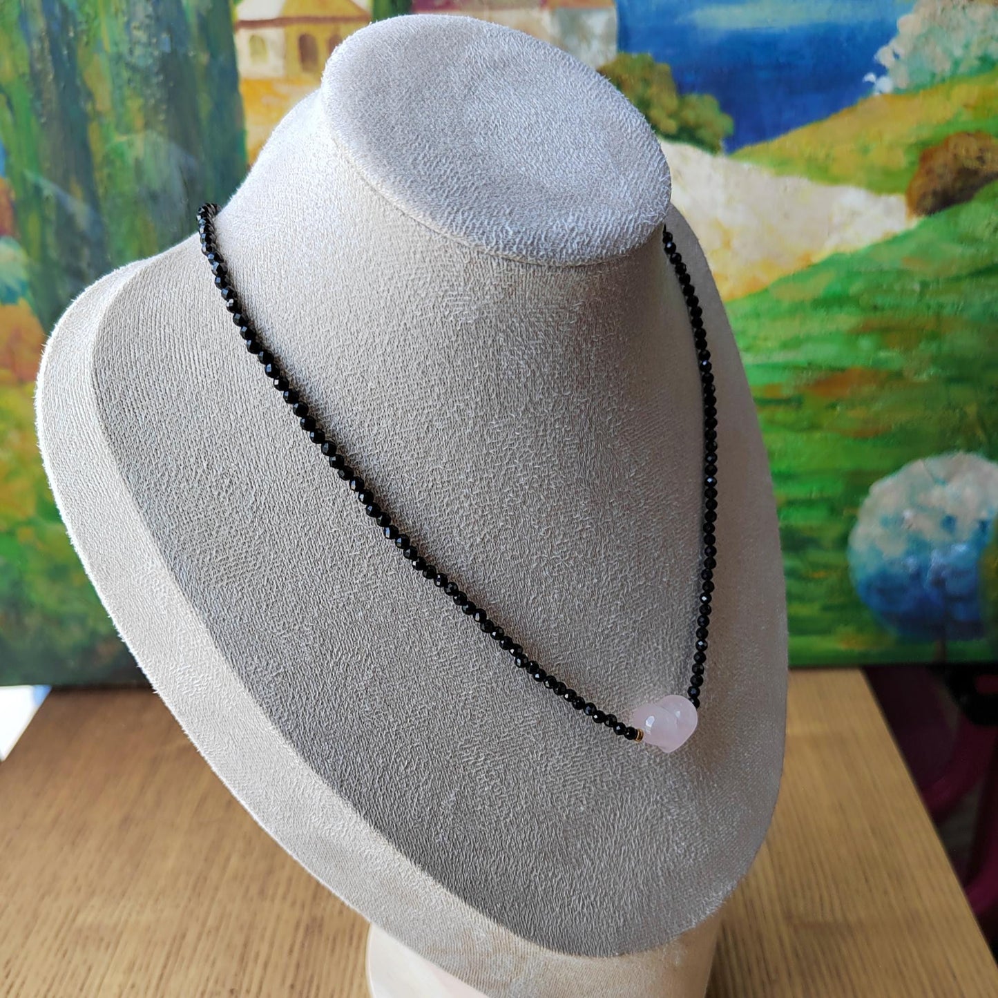 Handmade Natural Black Spinel Diamond - Cut & Pink Quartz Heart Necklace