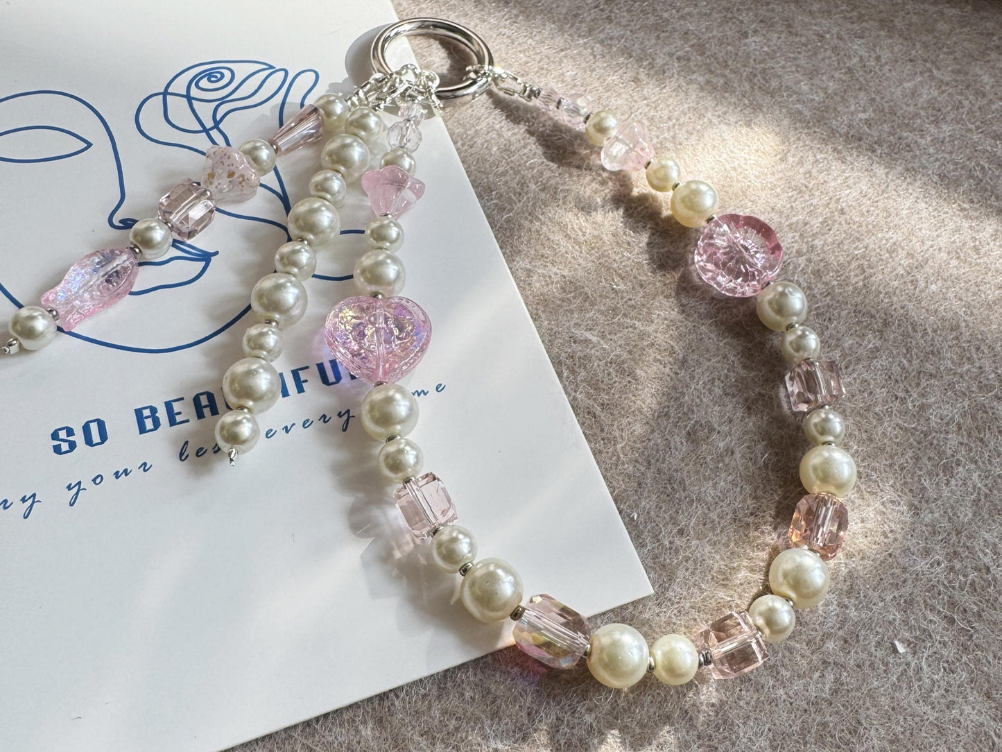 Handmade Pink Crystal Phone Charm , Aesthetic Phone Strap, Cute Boho Glass Keychain for Women, Gift for Her