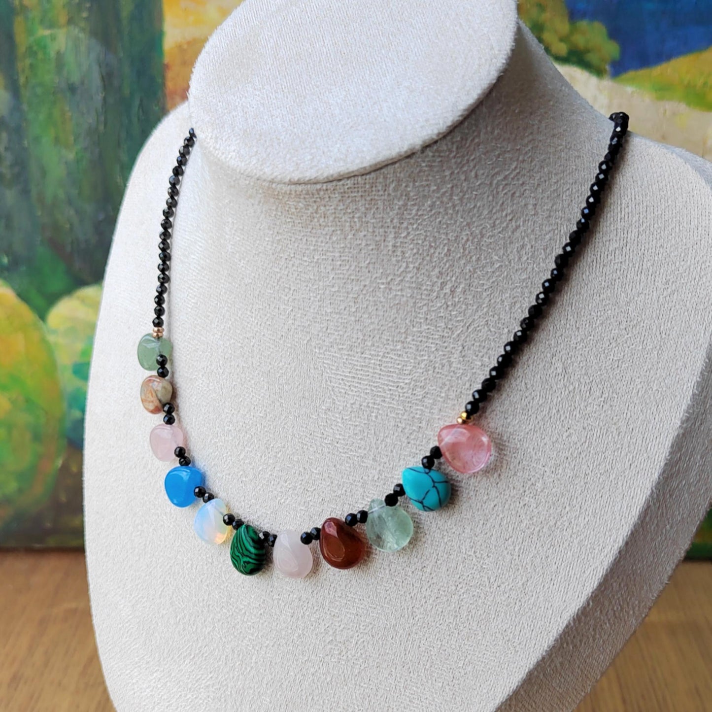 Black Spinel & Teardrop Crystal Necklace: Handmade Sterling Golden-Plated Chain
