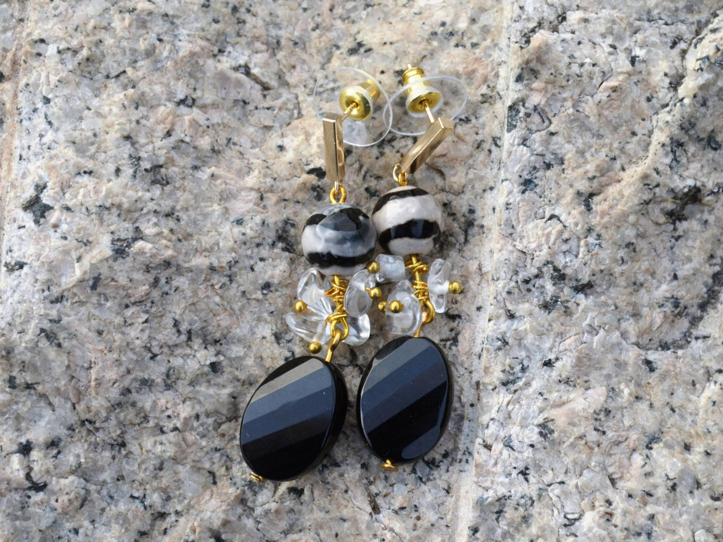 Natural Quartz Crystal Dangle Earrings with Black Onyx & Agate Boho Jewelry