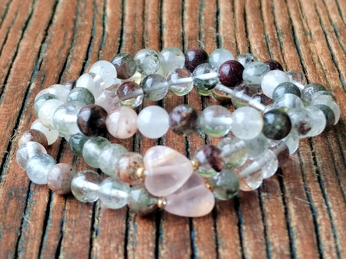 Natural Garden Quartz & Rose Quartz Bracelet Set, Boho Crystal Jewelry