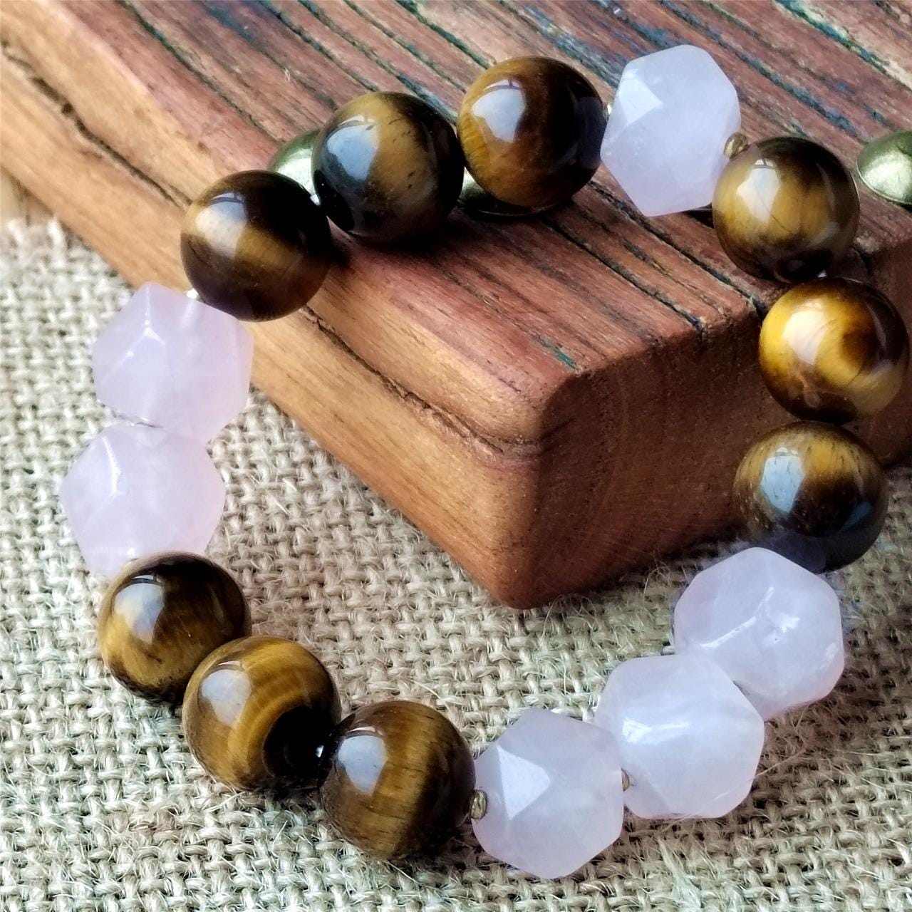 Tiger Eye & Rose Quartz Crystal Bracelet: Handmade Gemstone Jewelry