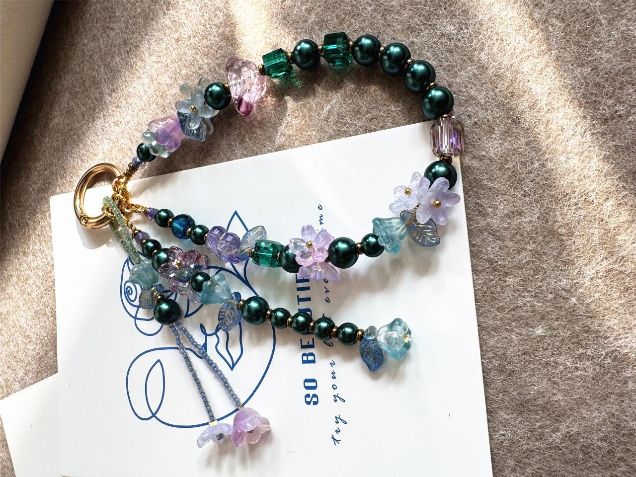 Boho Bead Phone-Chain, Camellia Flower Phone Strap, Handmade Glass Beaded Phone Charm for Women