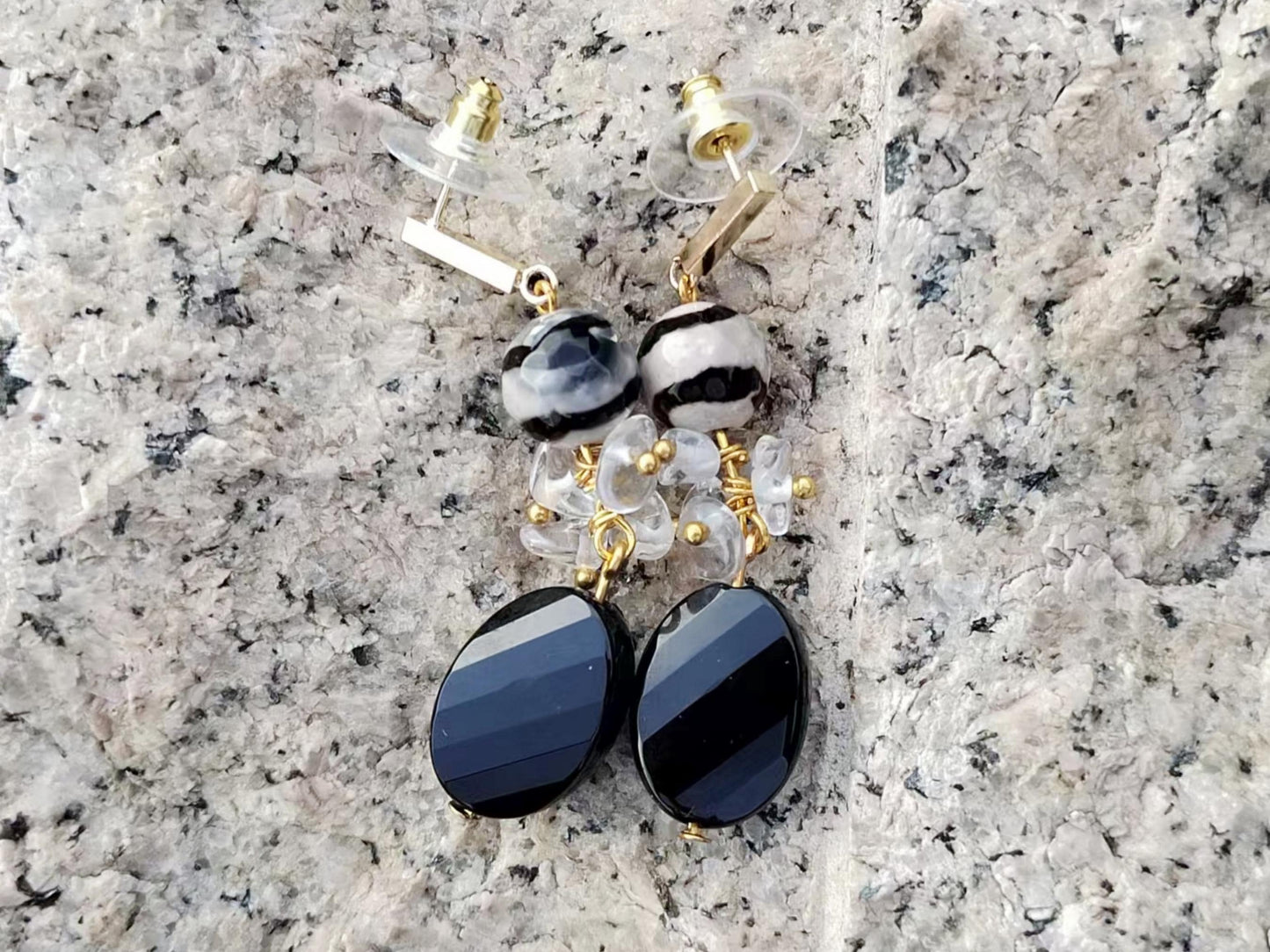 Natural Quartz Crystal Dangle Earrings with Black Onyx & Agate Boho Jewelry