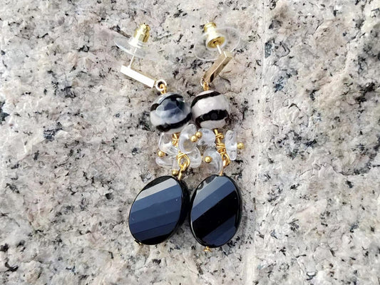Natural Quartz Crystal Dangle Earrings with Black Onyx & Agate Boho Jewelry