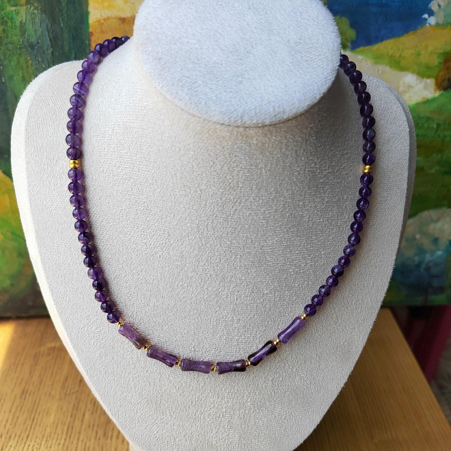 Handmade Amethyst Bead Necklace Sterling Gold Plated Chain Elegant Gemstone Jewelry DIY Craft