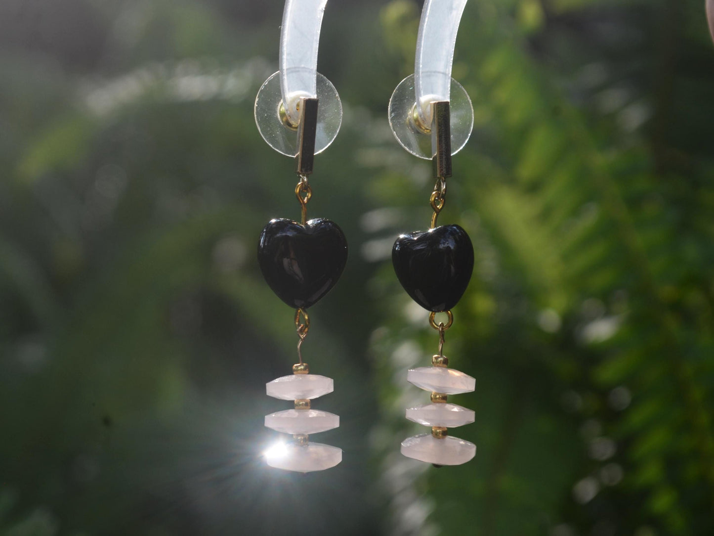 Handmade Black Agate & Rose Quartz Earrings: Gold-Plated, Art Deco Heart Shaped DIY Crystal Jewelry