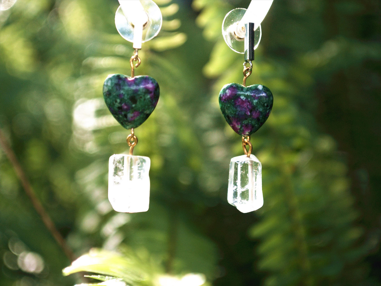 Handmade Ruby Zoisite Heart Earrings: Quartz Drop, Crystal Gemstone Jewelry Boho Earrings