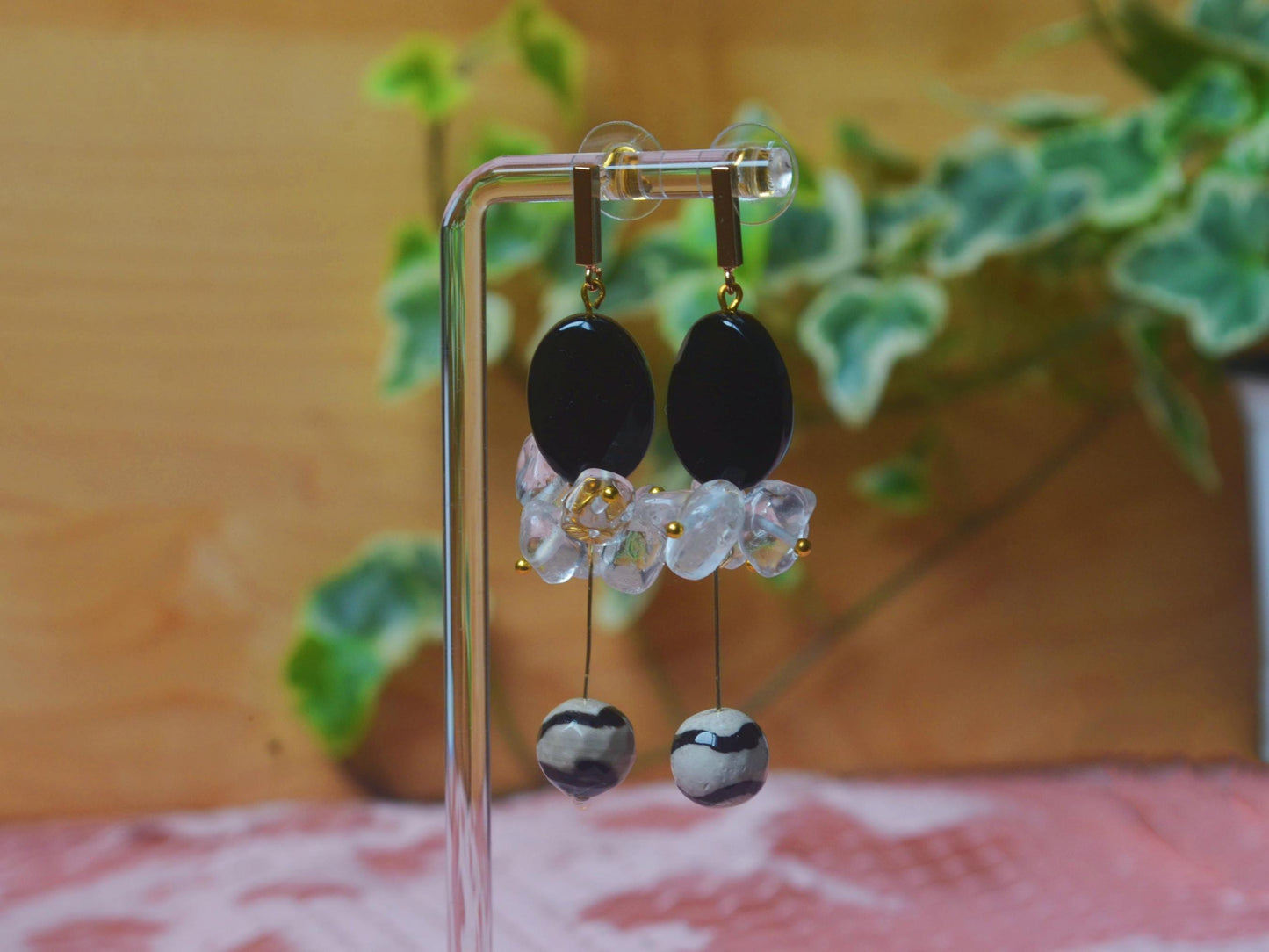 Black Agate & Clear Quartz Drop Earrings: Crystal Healing Gemstone Jewelry Boho Earrings