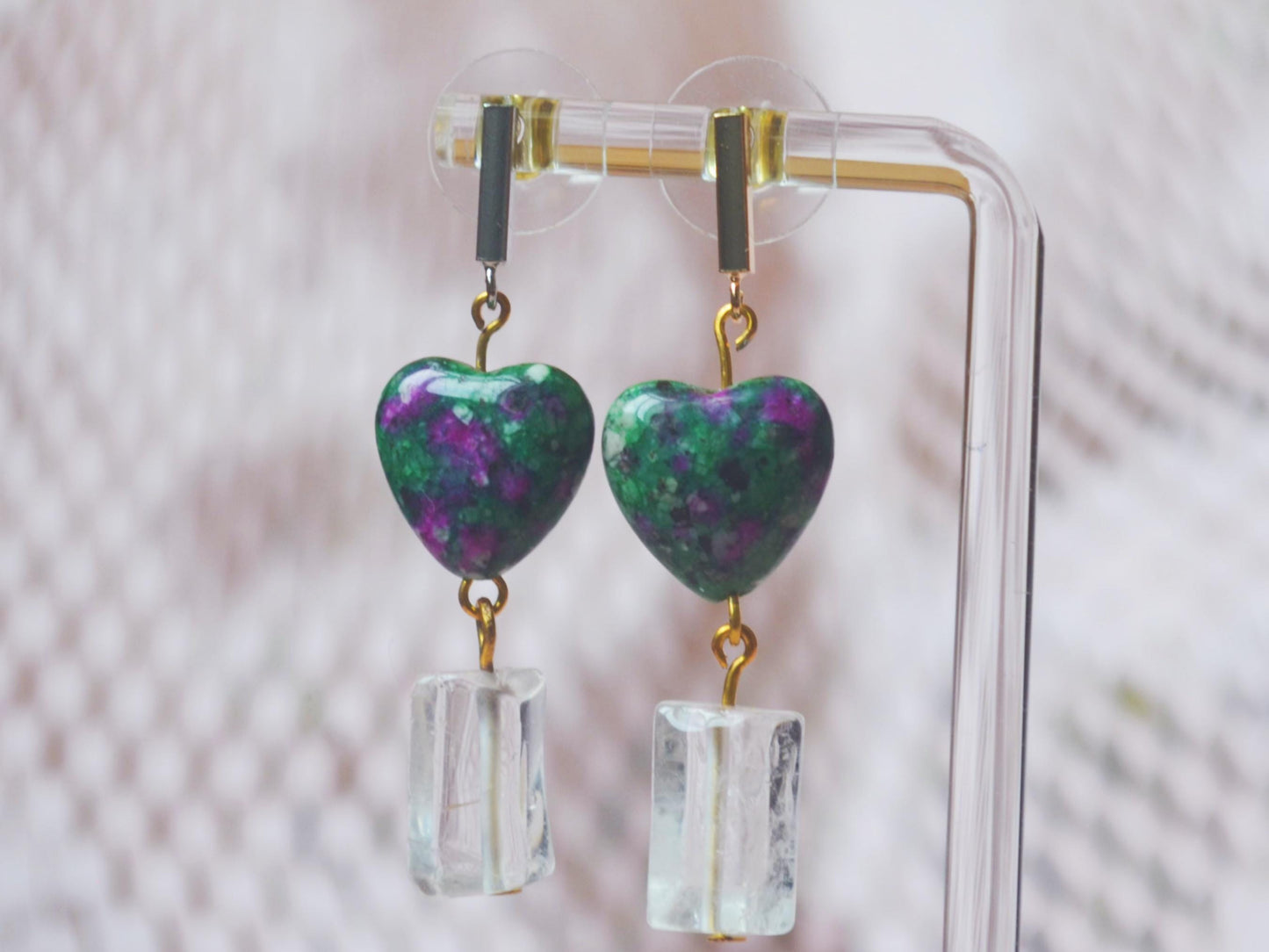 Handmade Ruby Zoisite Heart Earrings: Quartz Drop, Crystal Gemstone Jewelry Boho Earrings