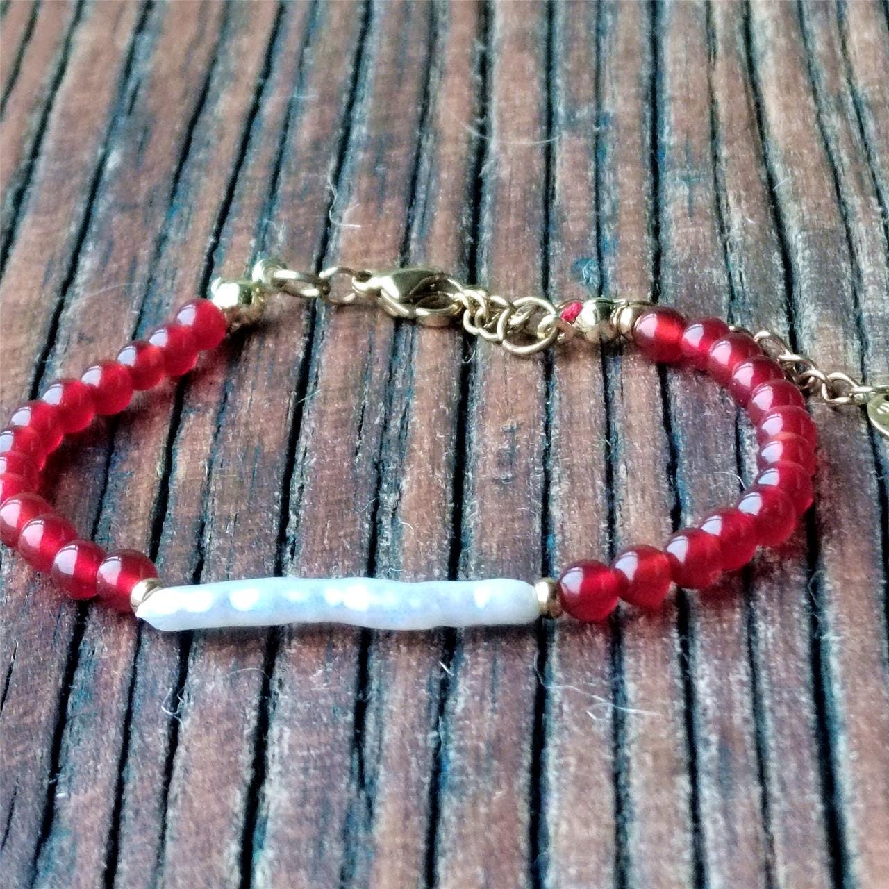 Red Agate & Baroque Pearl Bracelet, Natural Gemstone Handmade Jewelry