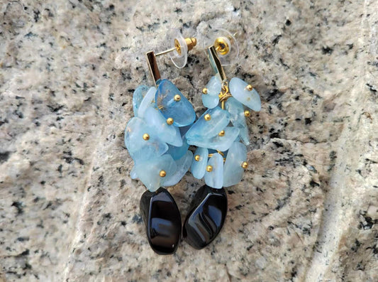 Aquamarine & Black Onyx Dangle Earrings: Gold-Plated Boho Jewelry