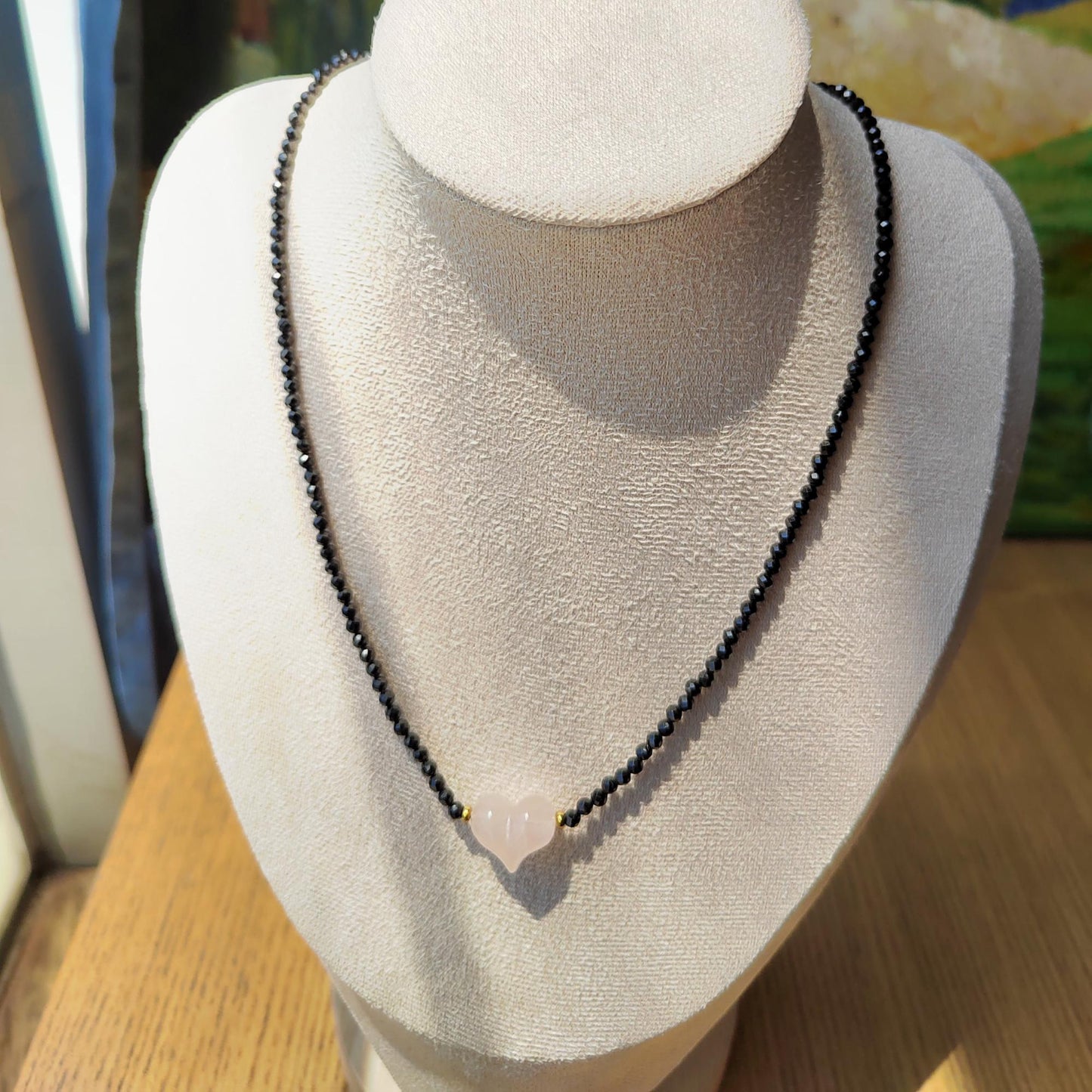 Handmade Natural Black Spinel Diamond - Cut & Pink Quartz Heart Necklace