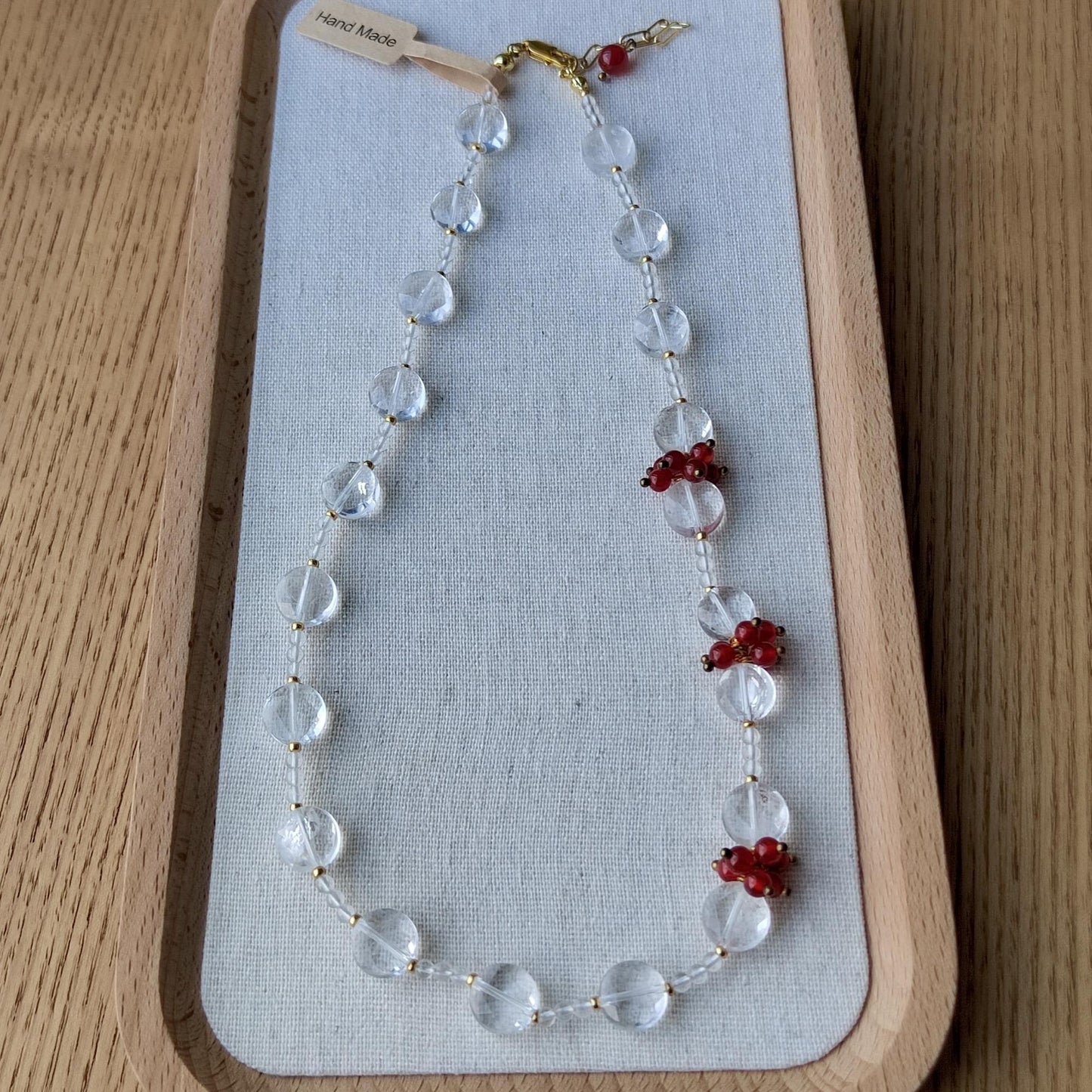 Handmade Natural Clear Quartz & Red Agate Beaded Necklace Real Crystal Jewelry