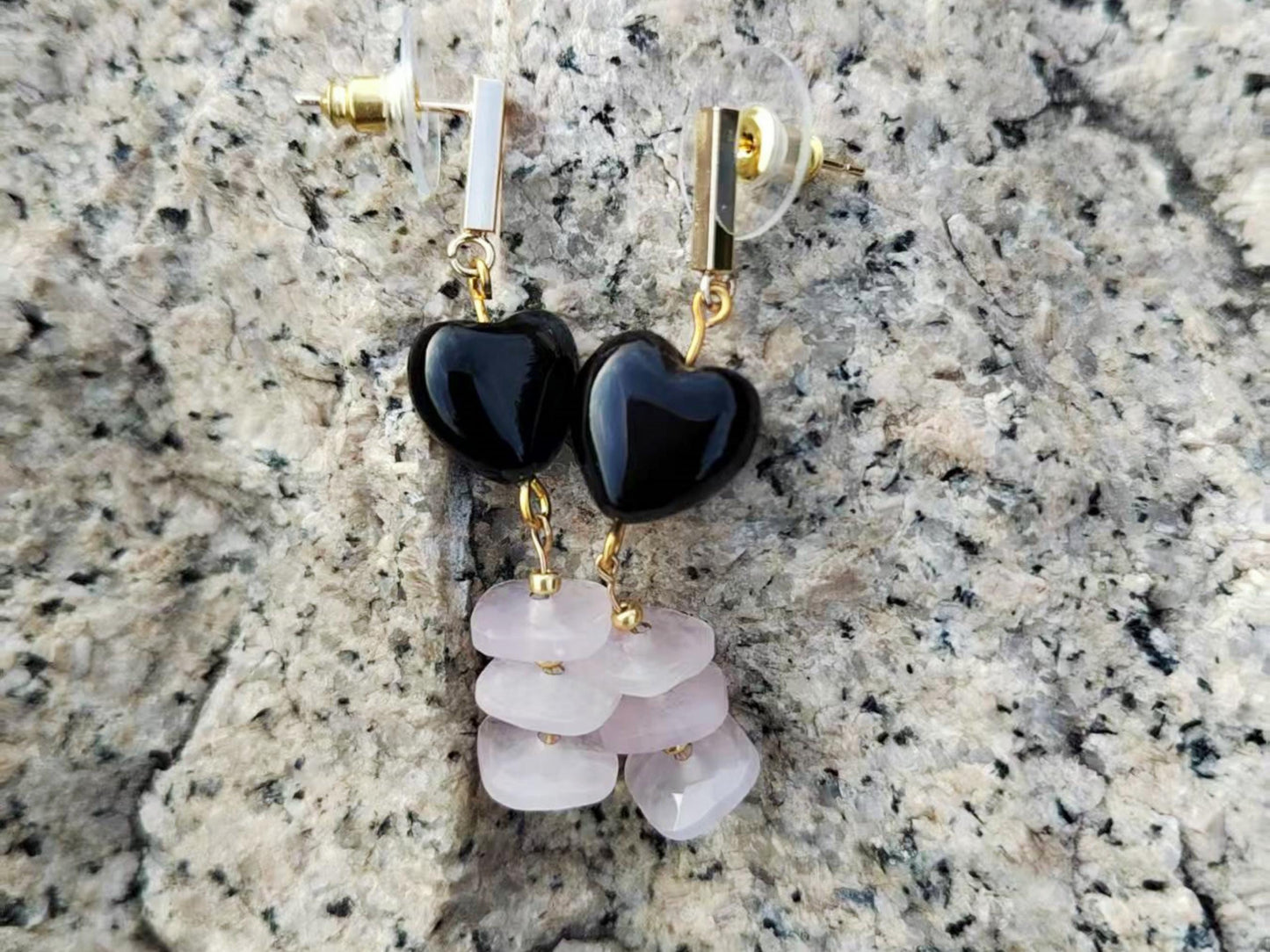 Handmade Black Agate & Rose Quartz Earrings: Gold-Plated, Art Deco Heart Shaped DIY Crystal Jewelry