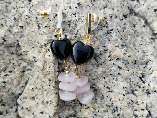 Handmade Black Agate & Rose Quartz Earrings: Gold-Plated, Art Deco Heart Shaped DIY Crystal Jewelry