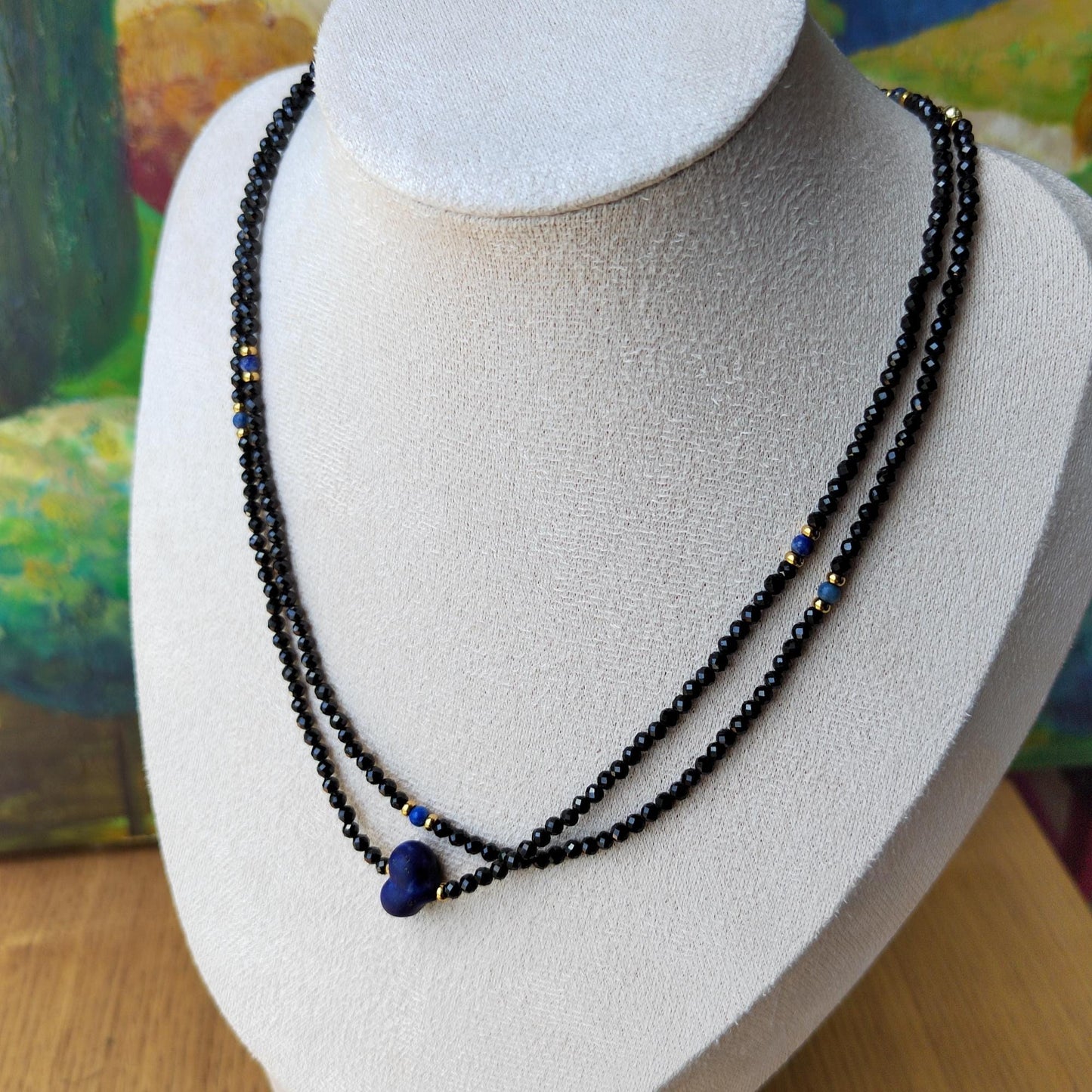 Black Spinel & Lapis Lazuli Heart Necklace: Handmade Boho Gemstone Jewelry