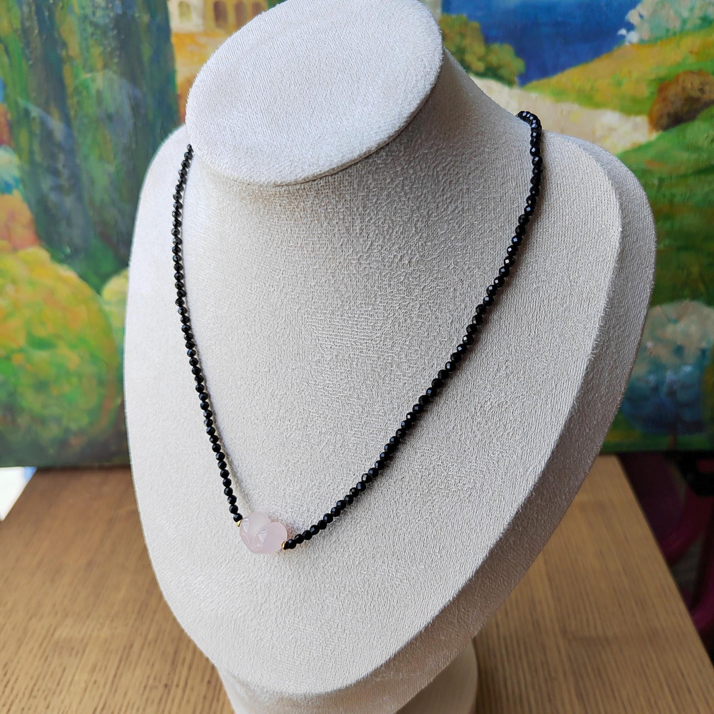 Handmade Natural Black Spinel Diamond - Cut & Pink Quartz Heart Necklace