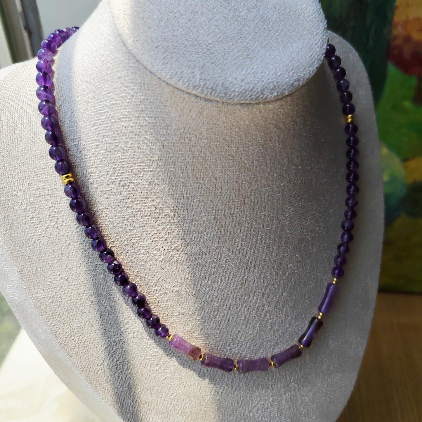 Handmade Amethyst Bead Necklace Sterling Gold Plated Chain Elegant Gemstone Jewelry DIY Craft