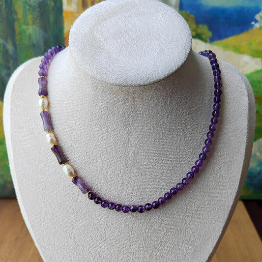 Amethyst Beads & Freshwater Pearl Necklace: Handmade Boho Healing Crystal