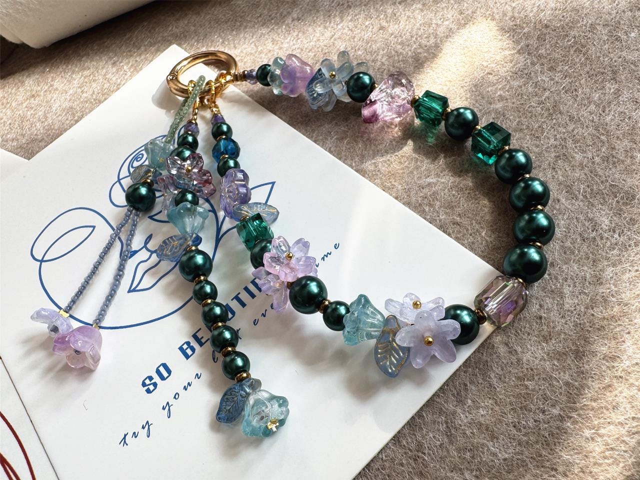 Boho Bead Phone-Chain, Camellia Flower Phone Strap, Handmade Glass Beaded Phone Charm for Women