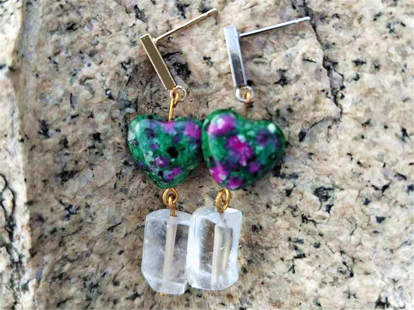 Handmade Ruby Zoisite Heart Earrings: Quartz Drop, Crystal Gemstone Jewelry Boho Earrings