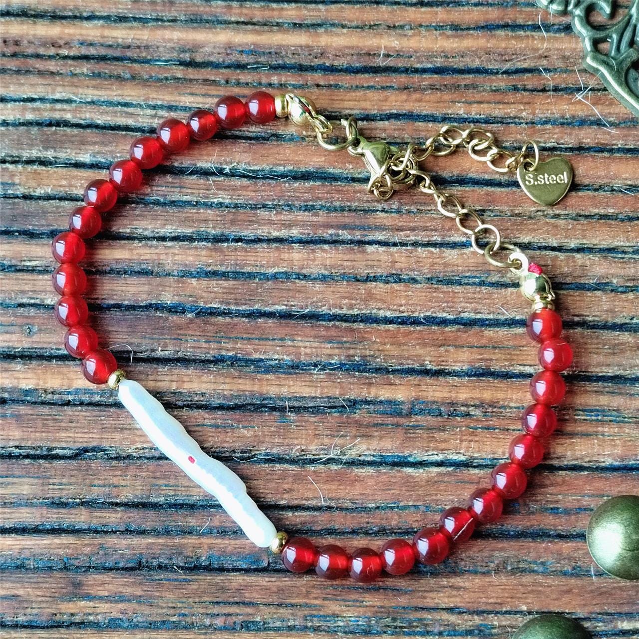 Red Agate & Baroque Pearl Bracelet, Natural Gemstone Handmade Jewelry