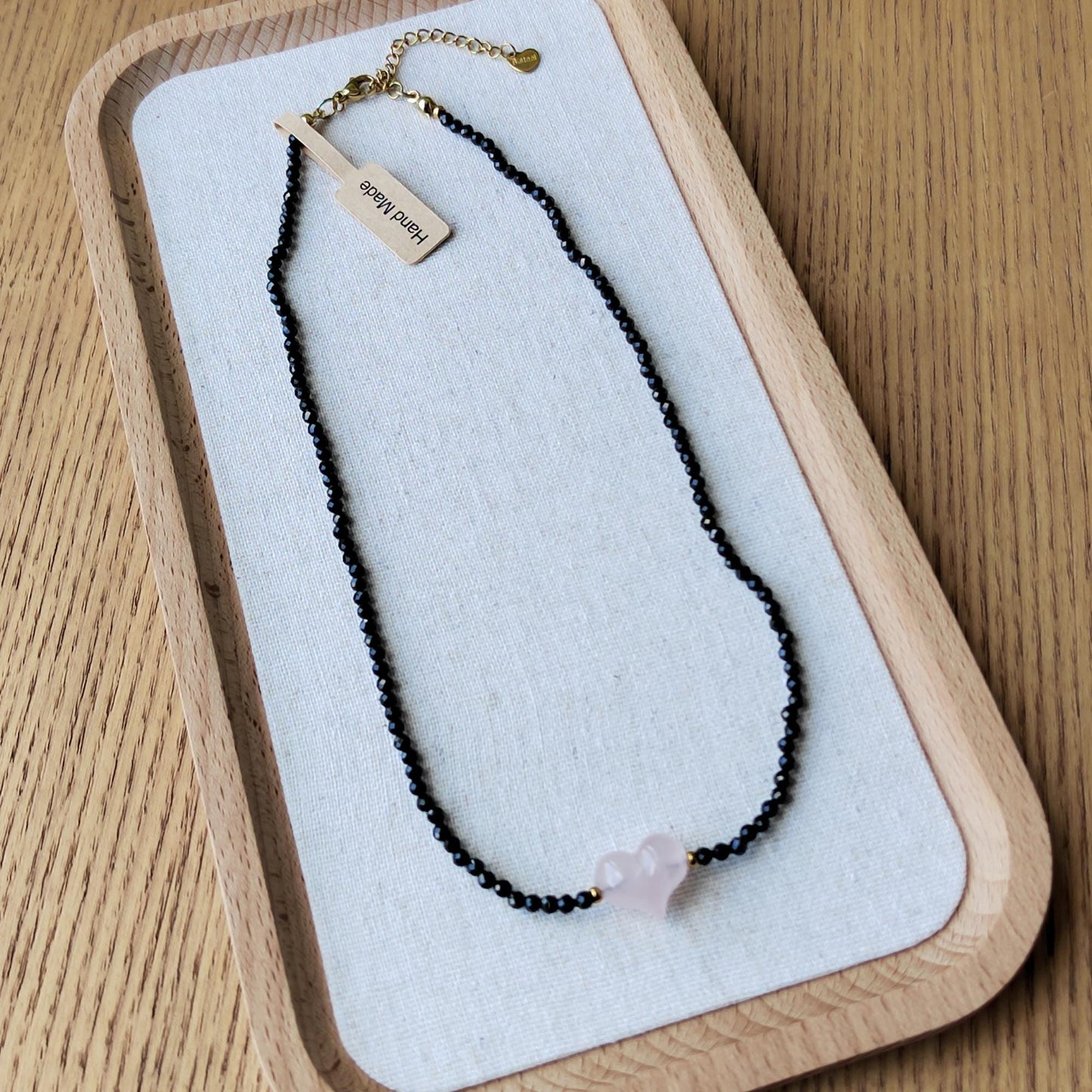 Handmade Natural Black Spinel Diamond - Cut & Pink Quartz Heart Necklace