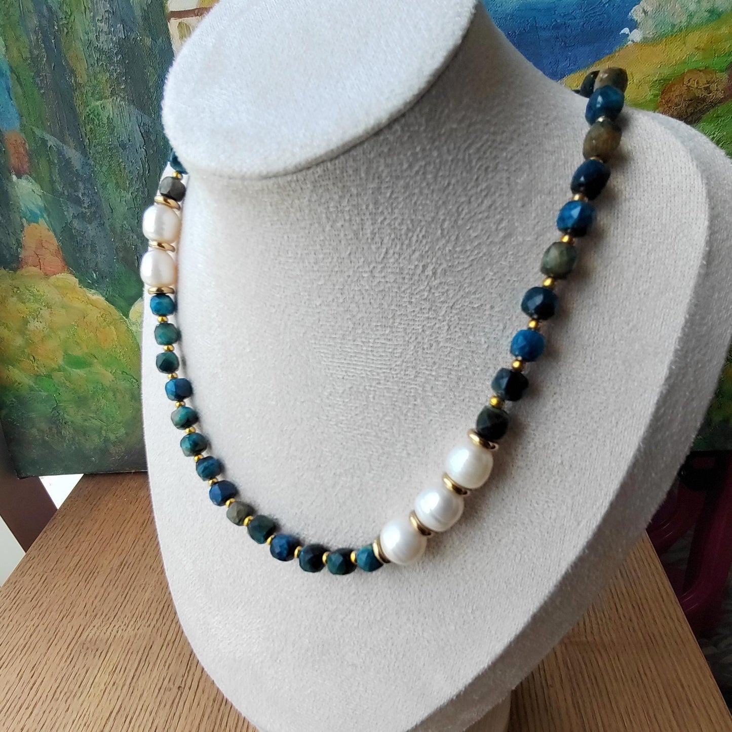Beaded Necklace Natural Crystal Blue Tiger's Eyes & Pearl Boho Chic Handmade Gemstone Jewelry Elegant DIY Craft gift for her