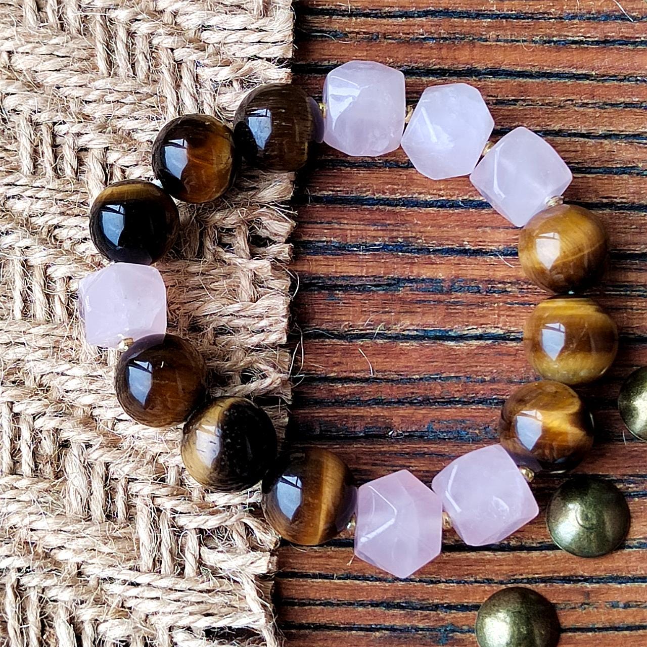 Tiger Eye & Rose Quartz Crystal Bracelet: Handmade Gemstone Jewelry