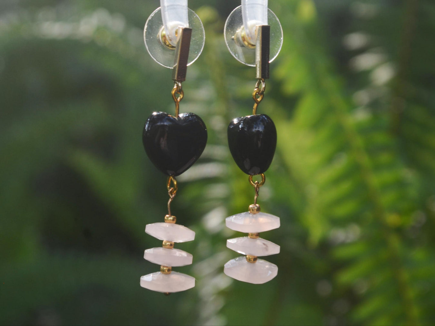 Handmade Black Agate & Rose Quartz Earrings: Gold-Plated, Art Deco Heart Shaped DIY Crystal Jewelry