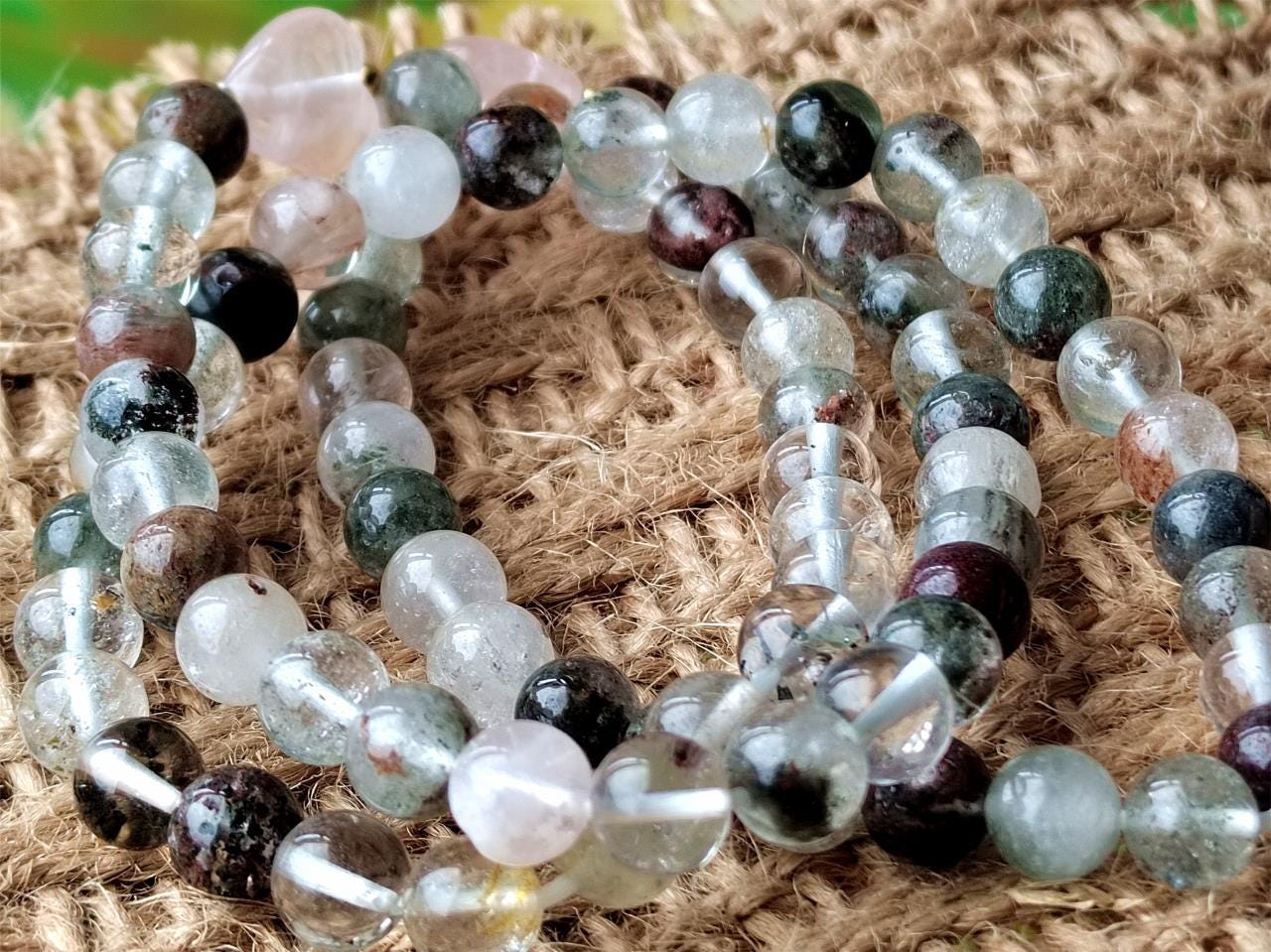 Natural Garden Quartz & Rose Quartz Bracelet Set, Boho Crystal Jewelry