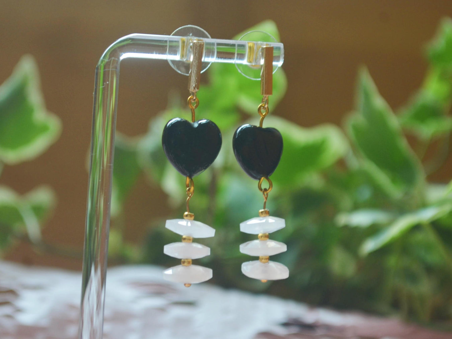 Handmade Black Agate & Rose Quartz Earrings: Gold-Plated, Art Deco Heart Shaped DIY Crystal Jewelry