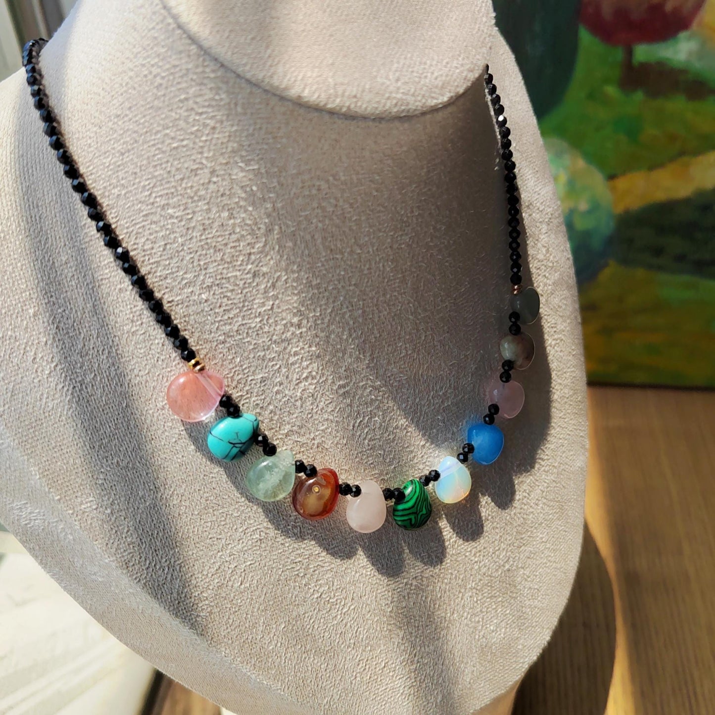 Black Spinel & Teardrop Crystal Necklace: Handmade Sterling Golden-Plated Chain