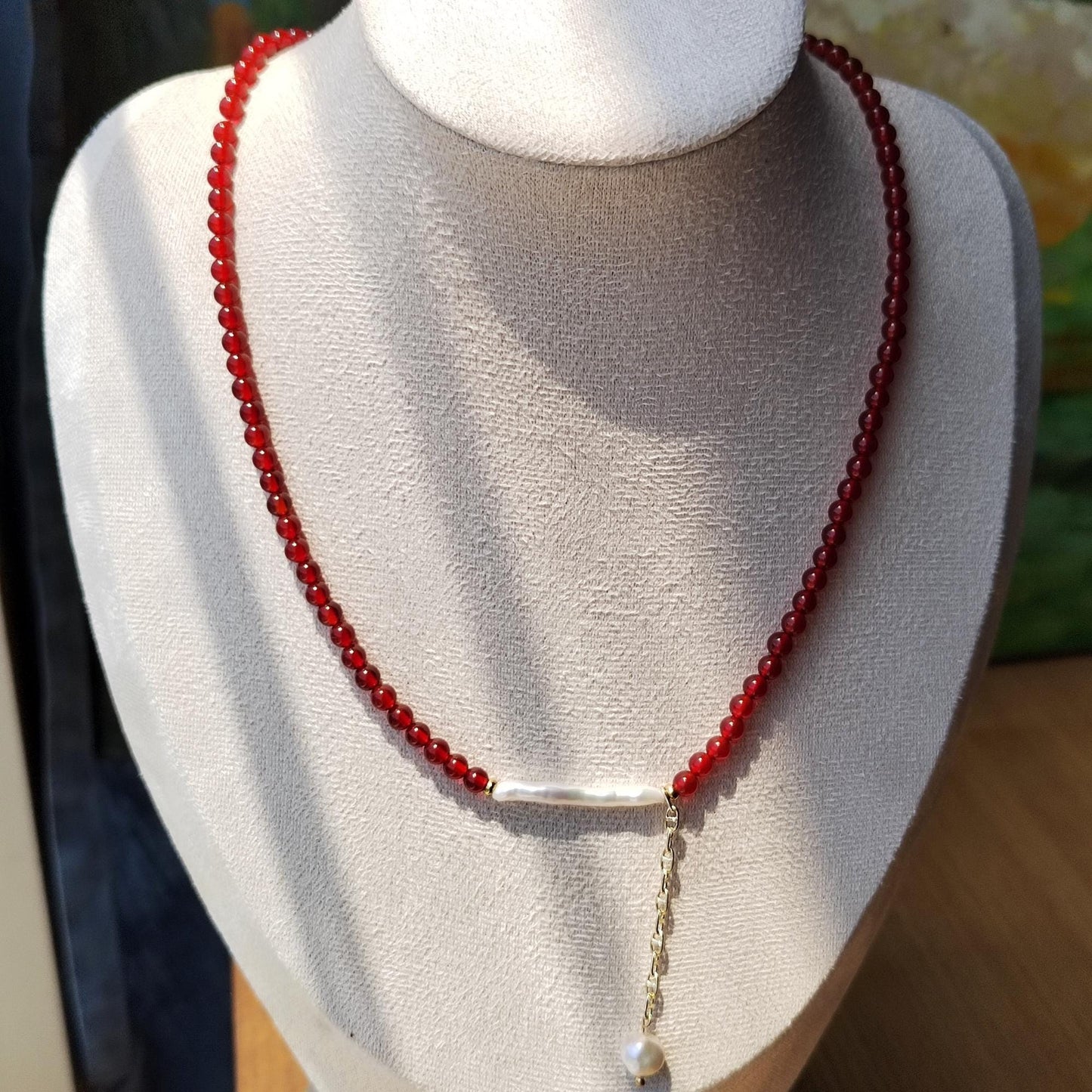 Red Agate & Baroque Pearl Necklace: Boho Gemstone Jewelry