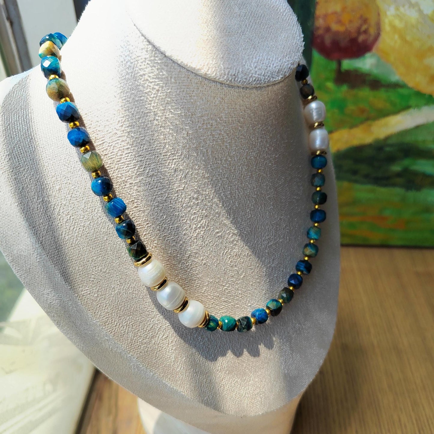 Beaded Necklace Natural Crystal Blue Tiger's Eyes & Pearl Boho Chic Handmade Gemstone Jewelry Elegant DIY Craft gift for her