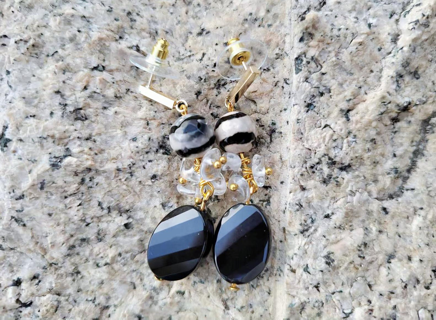 Natural Quartz Crystal Dangle Earrings with Black Onyx & Agate Boho Jewelry