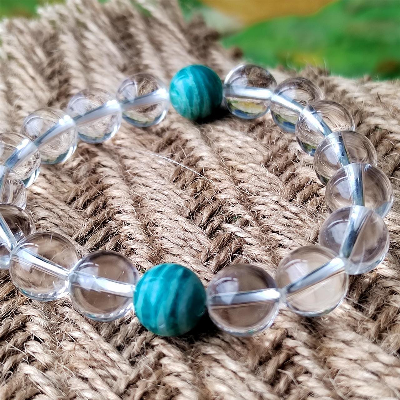 Beaded Bracelet, Clear Quartz Amazonite, Natural Gemstone  Healing Crystal Jewelry Gift for her