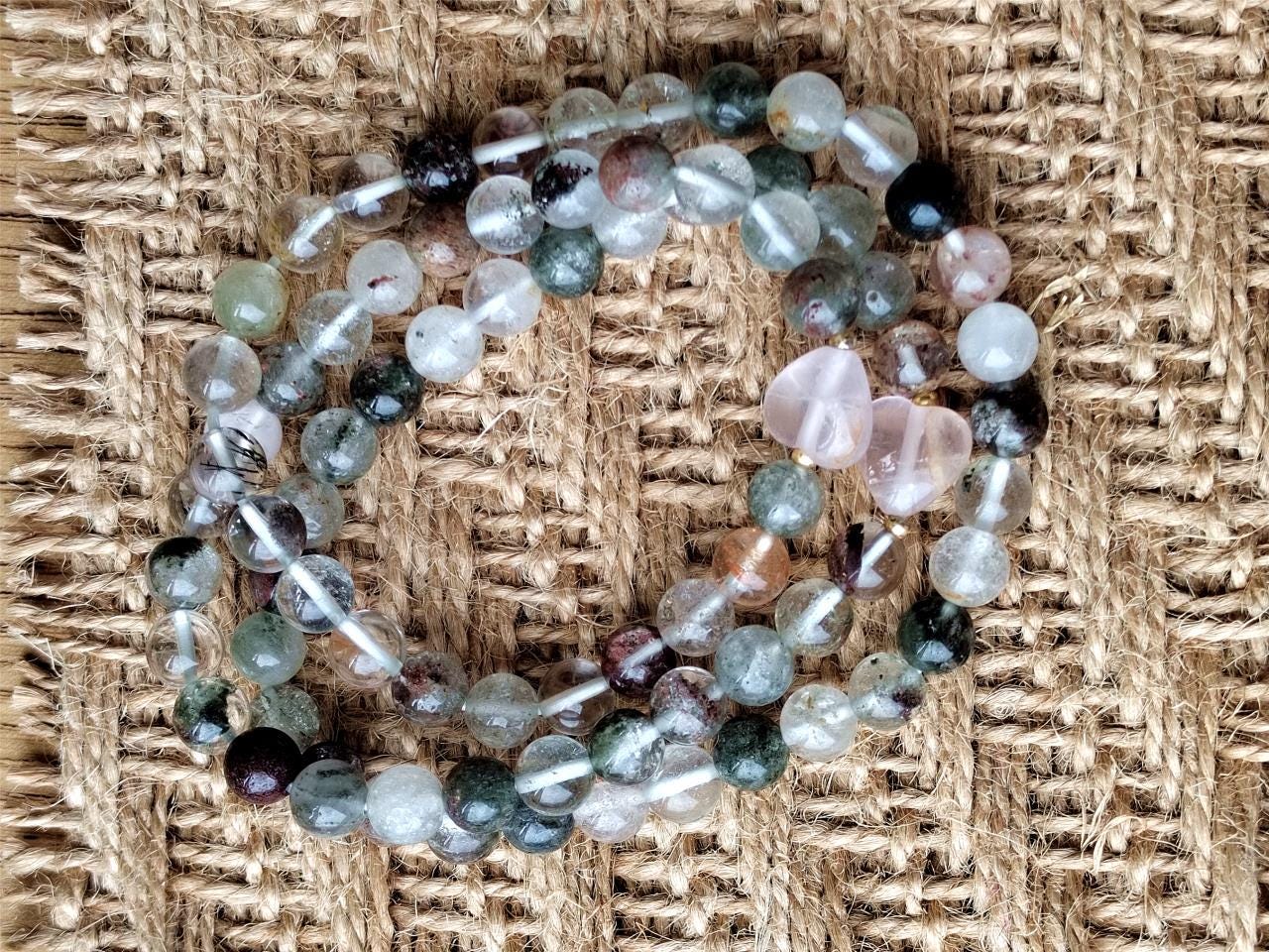 Natural Garden Quartz & Rose Quartz Bracelet Set, Boho Crystal Jewelry